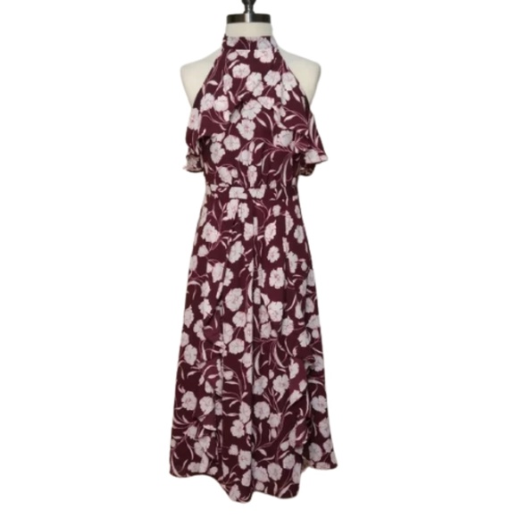 LC LAUREN CONRAD RUNWAY COLLECTION Dress Midi Floral Halter Ruffle Wine 2 12 - Picture 4 of 7